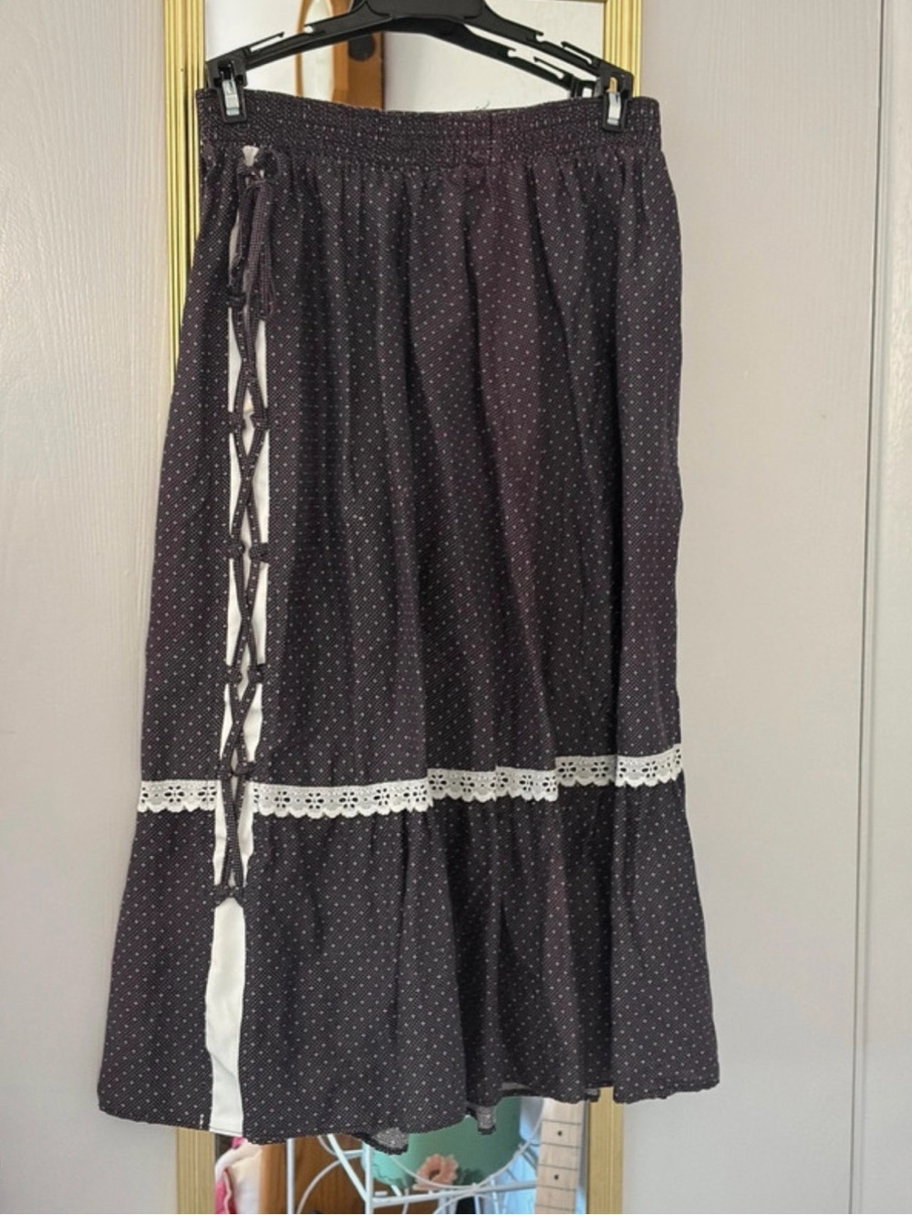 Gunne Sax Black Polka Dot Maxi Skirt with White Lace Trim